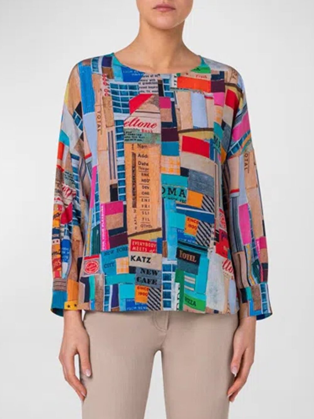 AKRIS PUNTO Crepe De Chine Nyc Paper Collage Print Blouse In Multicolor Size 6